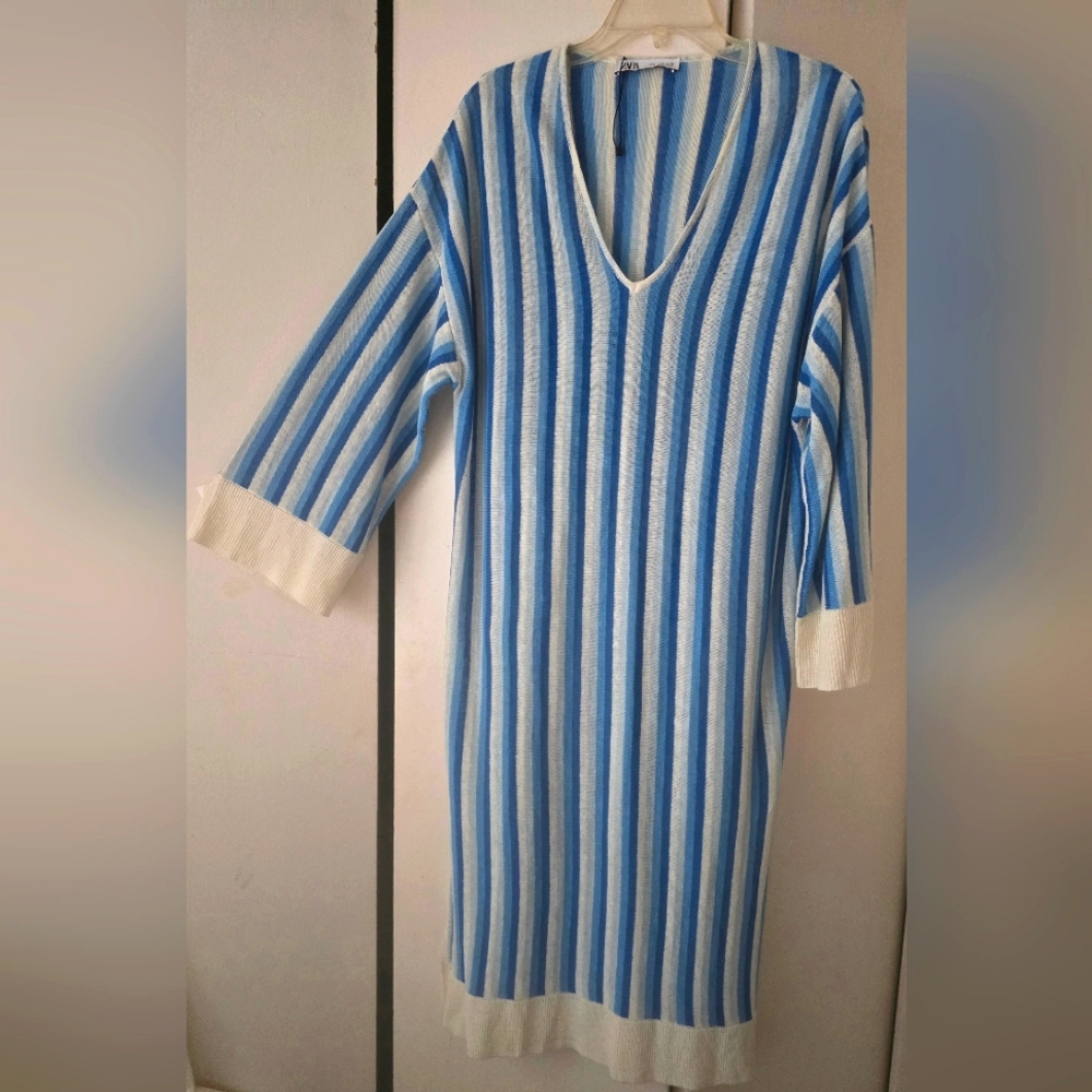 ZARA BLUE & CREAM V NECK Beach Cover up Sz S NWOT